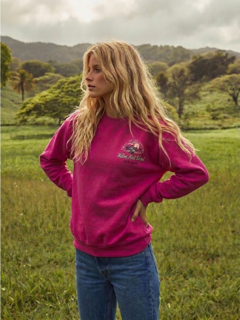 Hilton Head Island Graphic Crewneck Sweatshirt Fuchsia Magenta Oversized L Pink